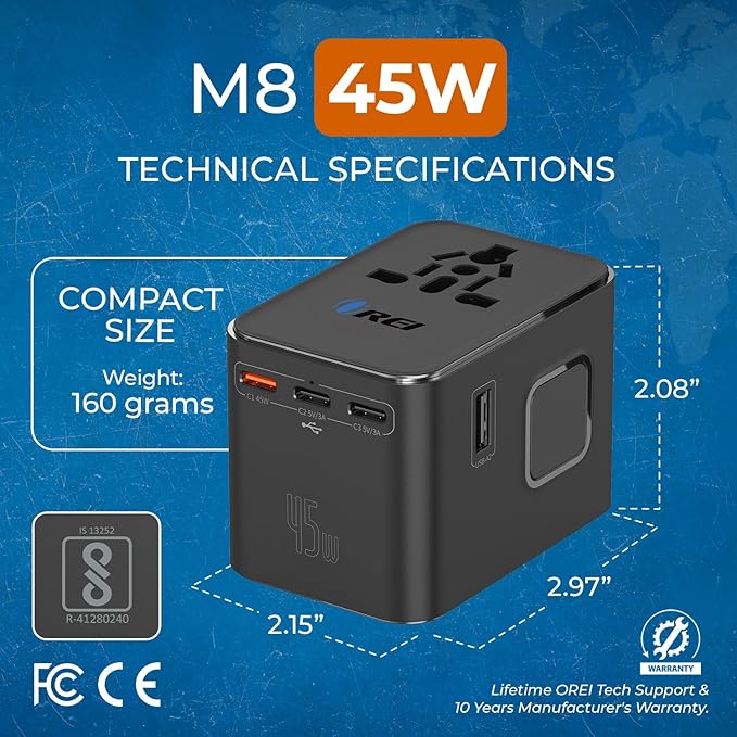 4 in 1 Universal Charger Adapter, 2 USB QC 3.0, 20W USB-C, All in One Fast Charging, International Travel Adapter for Phone, Laptop, Mobile, Tablet