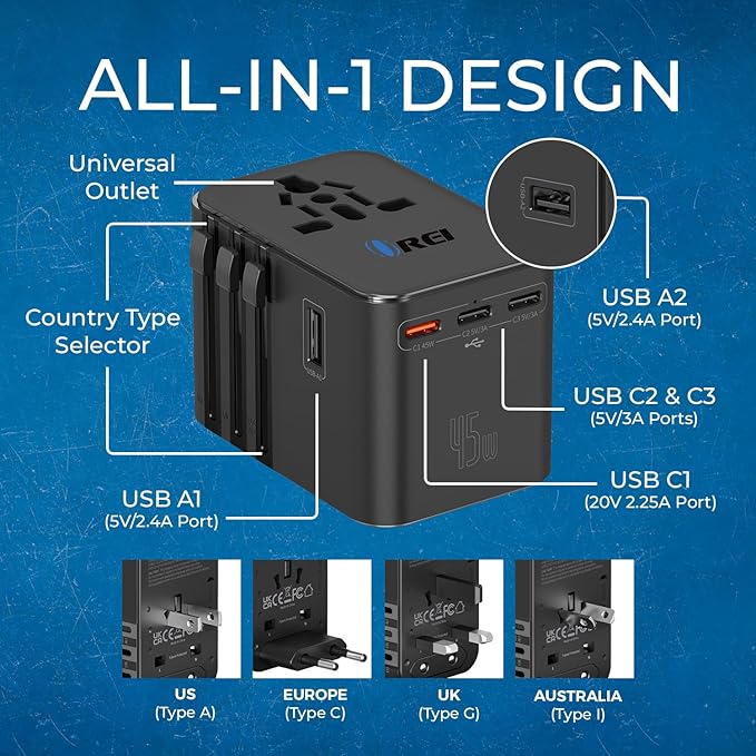 4 in 1 Universal Charger Adapter, 2 USB QC 3.0, 20W USB-C, All in One Fast Charging, International Travel Adapter for Phone, Laptop, Mobile, Tablet